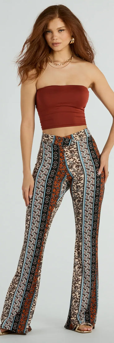 The Summer Dream Paisley Knit Flare Pants in multi-color is a pair of women's pants with an on-trend leg style and elevated fabric that adds texture, perfect for crafting effortless winter outfits.