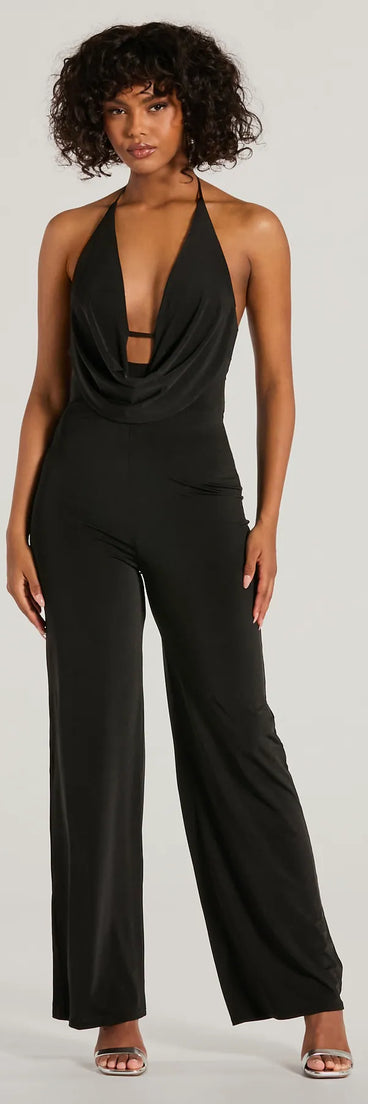 The Impressive Momemt Cowl Neck Strappy Wide-Leg Jumpsuit in black is a women's jumpsuit with an on-trend leg style and elevated fabric that adds texture, perfect for crafting effortless winter outfits.