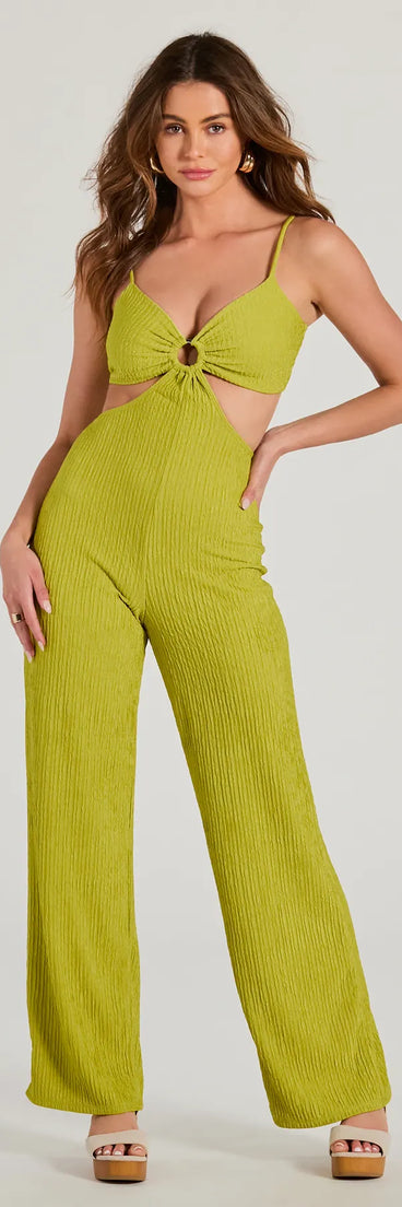 The Flawless Vibes V-Neck Cutout Wide-Leg Jumpsuit in chartreuse is a women's jumpsuit with an on-trend leg style and elevated fabric that adds texture, perfect for crafting effortless winter outfits.