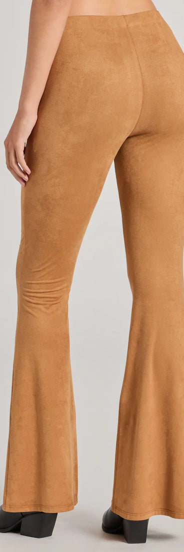 The Bohemian Babe Lace-Up Faux Suede Flare Pants is a trendy women's bottom in camel brown, designed with modern details and alluring textures to complete chic outfits for 2025.