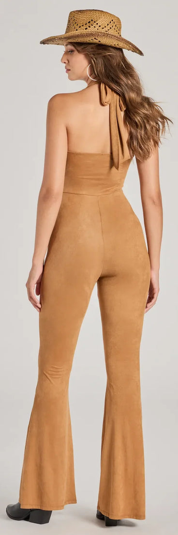 The Eyes On Me Lace-Up Flare Faux Suede Jumpsuit is a trendy women's bottom in camel brown, designed with modern details and alluring textures to complete chic outfits for 2025.