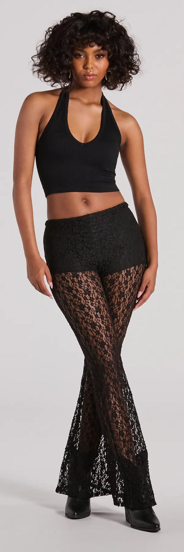 The Sensational Trend High Rise Flare Lace Pants in black is a pair of women's pants with an on-trend leg style and elevated fabric that adds texture, perfect for crafting effortless winter outfits.