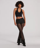 The Sensational Trend High Rise Flare Lace Pants in black is a pair of women's pants with an on-trend leg style and elevated fabric that adds texture, perfect for crafting effortless winter outfits.