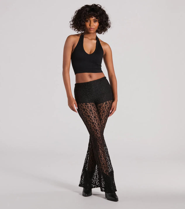 The Sensational Trend High Rise Flare Lace Pants in black is a pair of women's pants with an on-trend leg style and elevated fabric that adds texture, perfect for crafting effortless winter outfits.