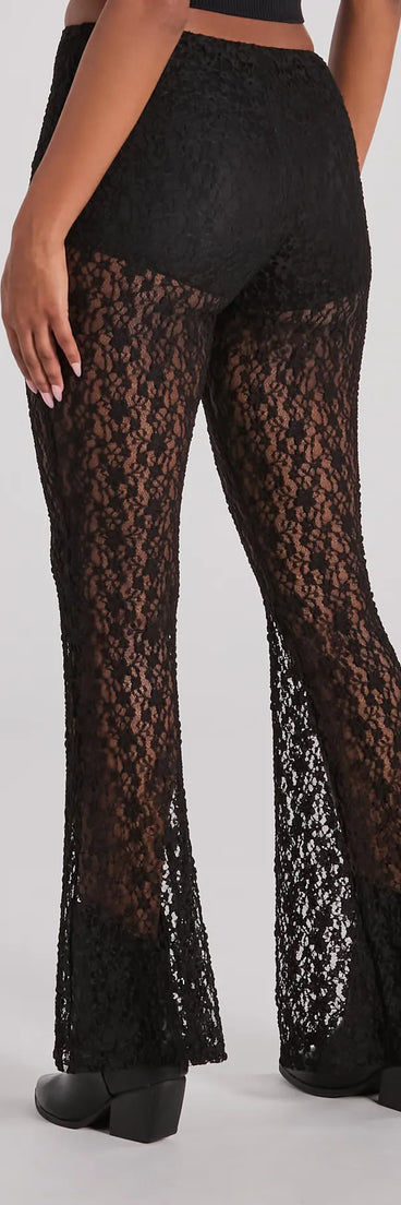 The Sensational Trend High Rise Flare Lace Pants is a trendy women's bottom in black, designed with modern details and alluring textures to complete chic outfits for 2025.