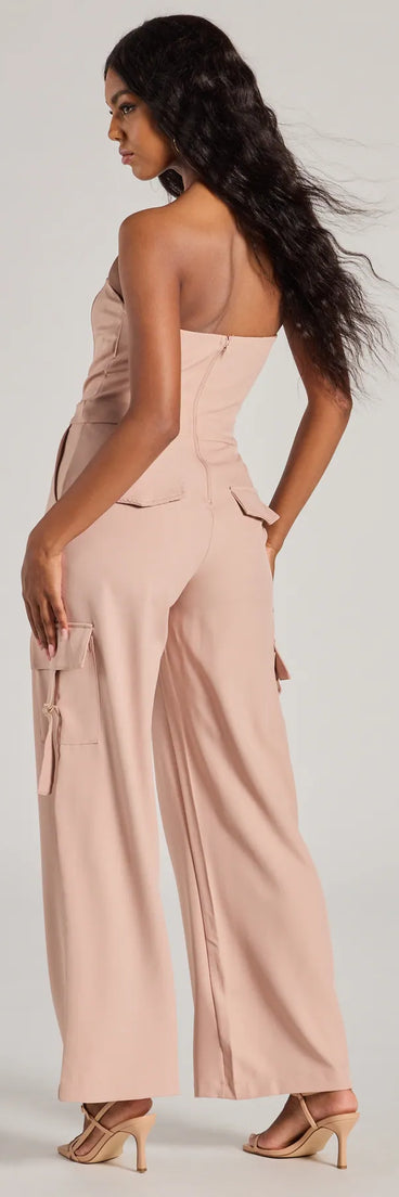The Casual And Chic Vibe Strapless Cargo Jumpsuit is a trendy women's bottom in mauve, designed with modern details and alluring textures to complete chic outfits for 2025.
