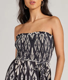 Make a statement with the Trendy Ease Strapless Boho Print Wide-Leg Jumpsuit, women's black jumpsuit featuring stylish fits and glam finishes, perfect for a trendy outfit of the day or seasonal celebrations.