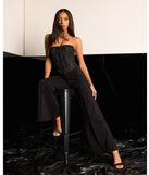 The Classic And Chic Wide-Leg Trouser Pants helps create a chic women's black cocktail outfit with a trendy texture and stylish design, ideal for wedding guest cocktail outfits or dinner parties.