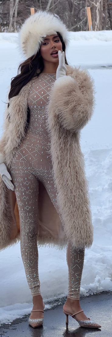 Iridescent Sparkle Rhinestone-Embellished Sheer Catsuit