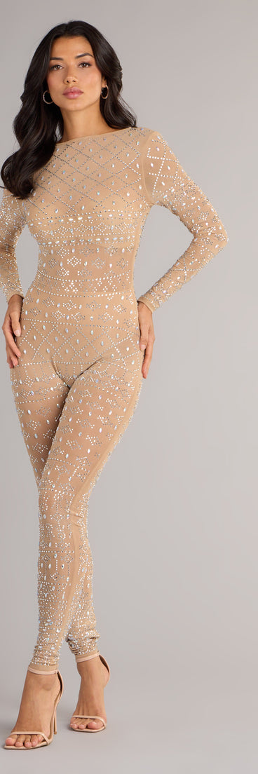 Make a fall statement in the Iridescent Sparkle Rhinestone-Embellished Sheer Catsuit, a closet must-have among fall bottoms for women.