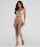 The Iridescent Sparkle Rhinestone-Embellished Sheer Catsuit in natural is a sleek women's catsuit featuring a chic, body-hugging silhouette with on-trend details for a striking profile, perfect for creating winter going-out looks or holiday party outfits.