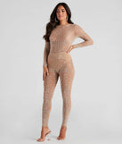 The Iridescent Sparkle Rhinestone-Embellished Sheer Catsuit in natural is a sleek women's catsuit featuring a chic, body-hugging silhouette with on-trend details for a striking profile, perfect for creating winter going-out looks or holiday party outfits.