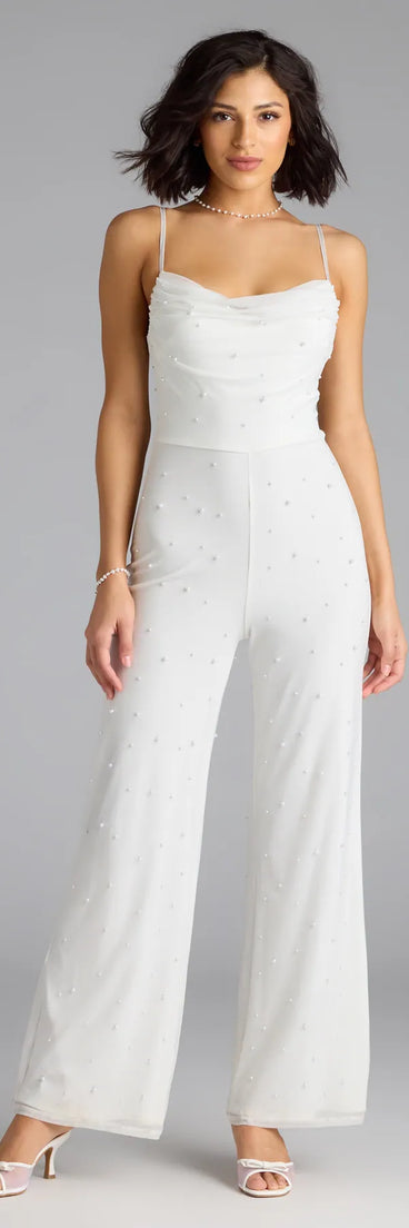 Choosing a ivory jumpsuit like the Elevate Your Vibe Wide-Leg Faux Pearl Jumpsuit means you’re ready for anything—no outfit planning needed, just style, go, and glow.
