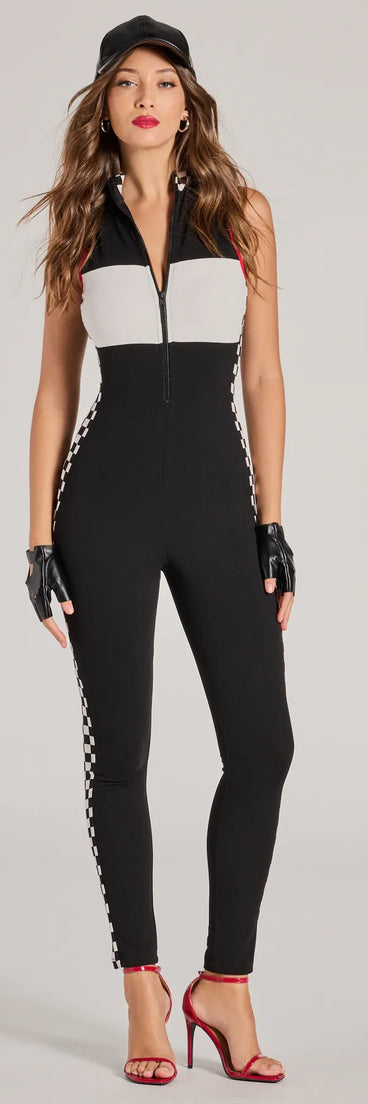 The Nitro Speedster Sleeveless Checkered Jumpsuit in red is a women's jumpsuit with an on-trend leg style and elevated fabric that adds texture, perfect for crafting effortless winter outfits.