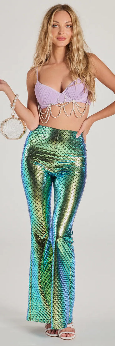 The Mystical Mermaid Foiled Flare Pants in multi-color is a pair of women's pants with an on-trend leg style and elevated fabric that adds texture, perfect for crafting effortless winter outfits.