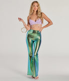 The Mystical Mermaid Foiled Flare Pants in multi-color is a pair of women's pants with an on-trend leg style and elevated fabric that adds texture, perfect for crafting effortless winter outfits.