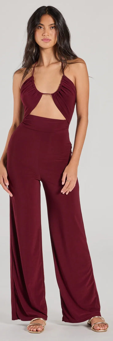 Step out in the Enticing Sass Halter Cutout Wide-Leg Jumpsuit, a plum jumpsuit made to elevate your vibe from brunch to after-dark plans with ease and polish.