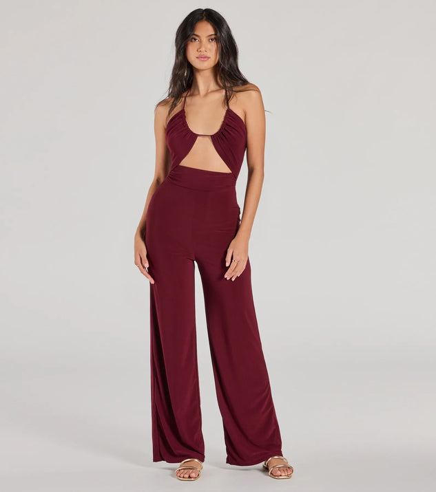 Step out in the Enticing Sass Halter Cutout Wide-Leg Jumpsuit, a plum jumpsuit made to elevate your vibe from brunch to after-dark plans with ease and polish.