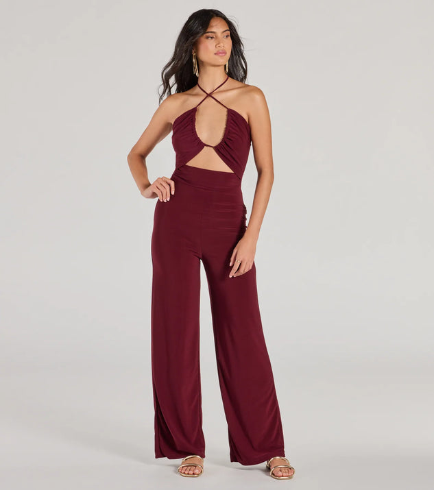 Enticing Sass Halter Cutout Wide-Leg Jumpsuit | Windsor Enticing Sass Halter Cutout Wide-Leg Jumpsuit | Windsor