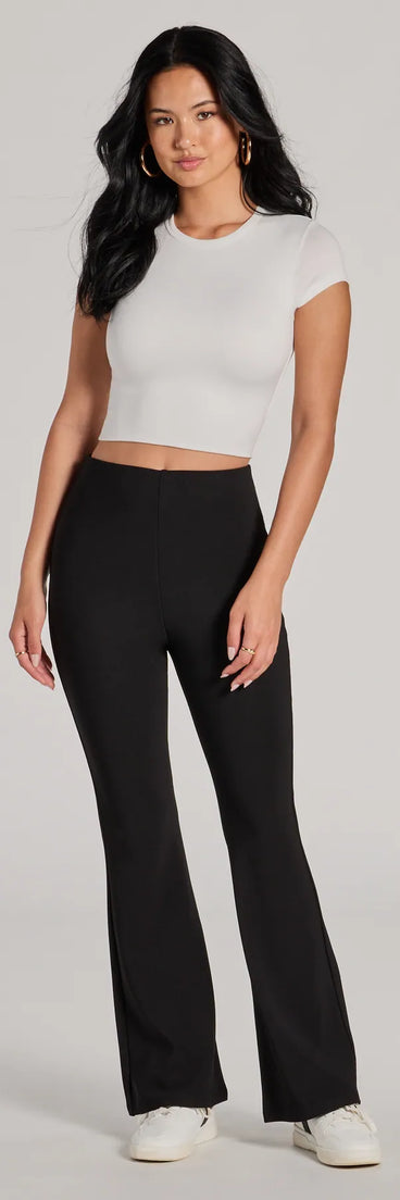 Refresh your 2025 closet with stylish women's pants like the Laidback Look Ribbed Knit Flare Pants in a sleek fabric and a pant leg style that makes your look unique.