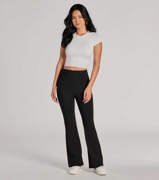 Refresh your 2025 closet with stylish women's pants like the Laidback Look Ribbed Knit Flare Pants in a sleek fabric and a pant leg style that makes your look unique.