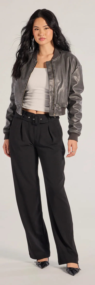 The Sleek Impression Belted Straight-Leg Trouser Pants is a trendy women's bottom in black, designed with modern details and alluring textures to complete chic outfits for 2025.