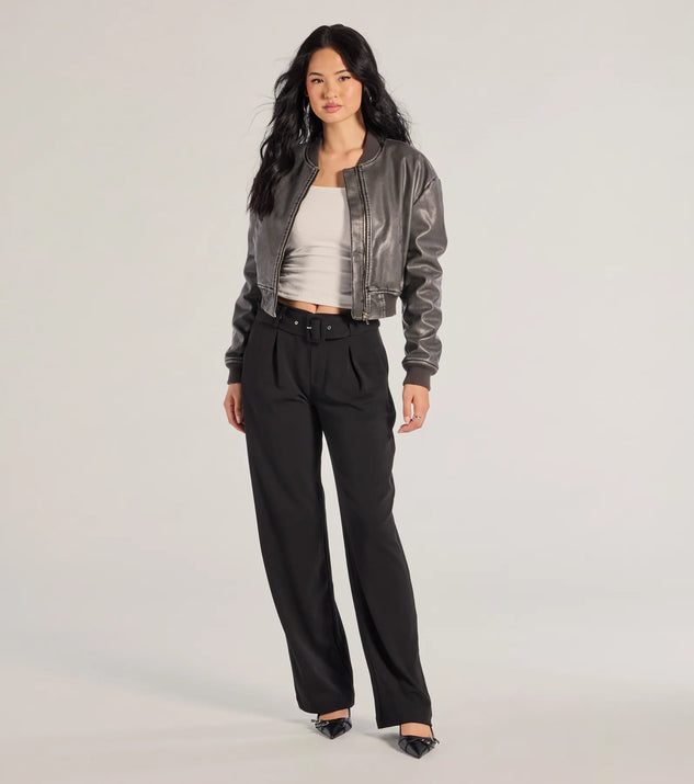 The Sleek Impression Belted Straight-Leg Trouser Pants is a trendy women's bottom in black, designed with modern details and alluring textures to complete chic outfits for 2025.