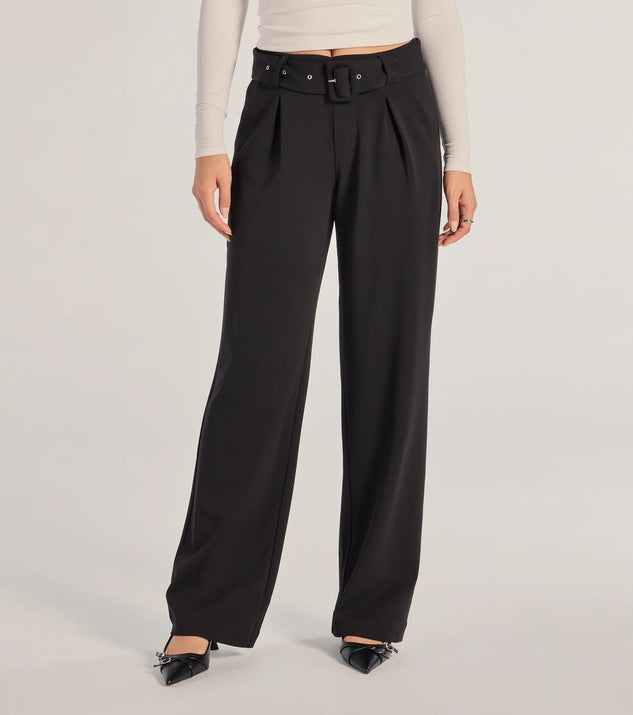 Sleek Impression Belted Straight-Leg Trouser Pants
