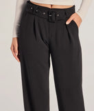 The Sleek Impression Belted Straight-Leg Trouser Pants is a trendy women's bottom in black, designed with modern details and alluring textures to complete chic outfits for 2025.