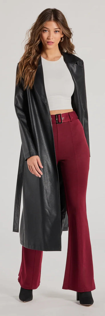 The Polished Glam Belted Wide Leg Pants in burgundy is a pair of women's pants with an on-trend leg style and elevated fabric that adds texture, perfect for crafting effortless winter outfits.