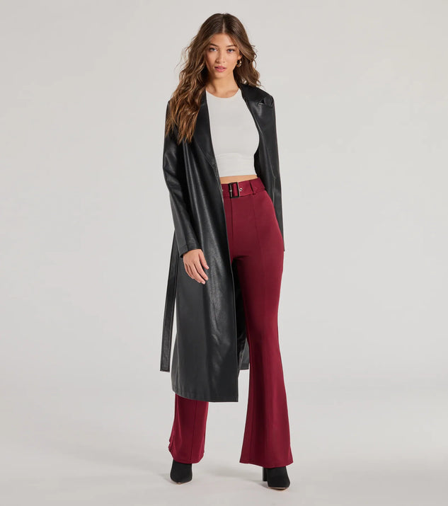 The Polished Glam Belted Wide Leg Pants in burgundy is a pair of women's pants with an on-trend leg style and elevated fabric that adds texture, perfect for crafting effortless winter outfits.