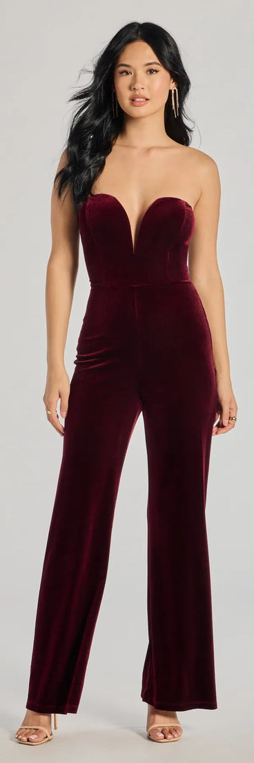 The The Glam Factor Sleeveless Velvet Jumpsuit is a trendy women's bottom in wine, designed with modern details and alluring textures to complete chic outfits for 2025.