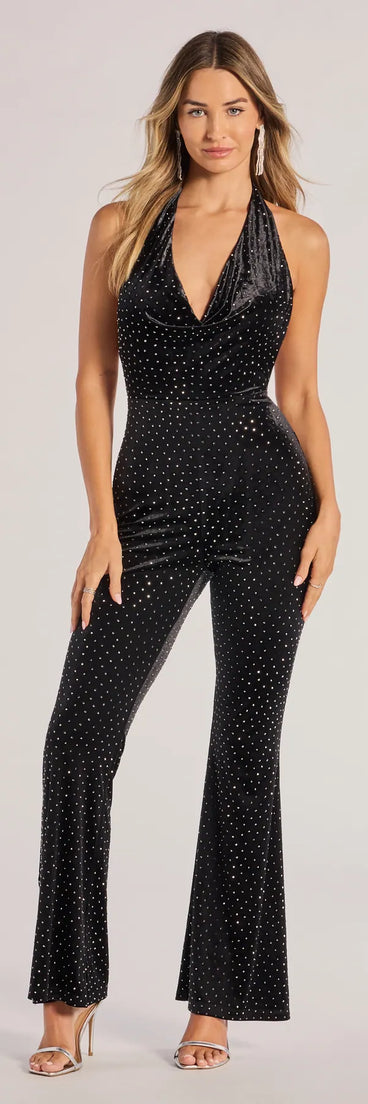 Glam In Motion Velvet Rhinestone Halter Jumpsuit