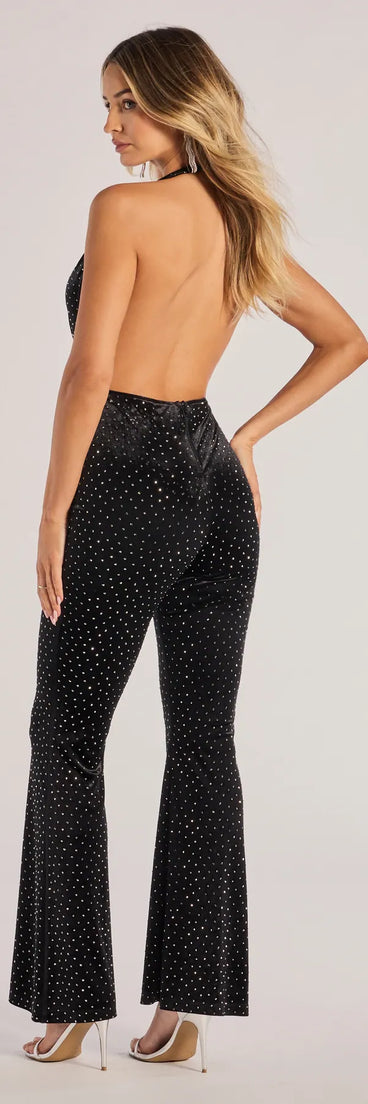 Glam In Motion Velvet Rhinestone Halter Jumpsuit