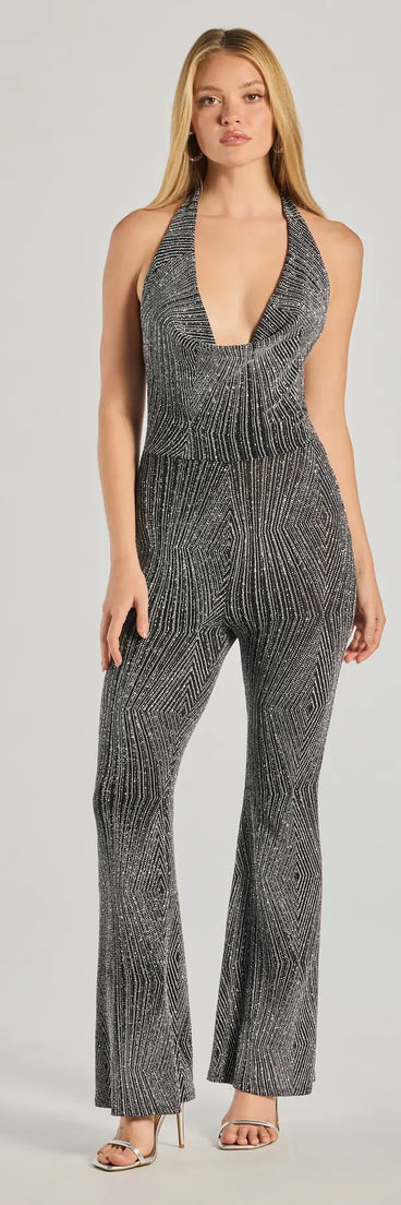 The Dare To Shine Metallic Knit Halter Jumpsuit is a trendy women's bottom in black, designed with modern details and alluring textures to complete chic outfits for 2025.