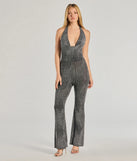 The Dare To Shine Metallic Knit Halter Jumpsuit is a trendy women's bottom in black, designed with modern details and alluring textures to complete chic outfits for 2025.