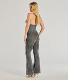 The Dare To Shine Metallic Knit Halter Jumpsuit is a trendy women's bottom in black, designed with modern details and alluring textures to complete chic outfits for 2025.