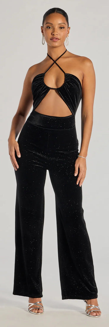 Celebrate in style with this stunning black going-out outfit essential, the Here To Party Glitter Knit Cutout Jumpsuit, featuring the latest statement-making details and a glamorous design perfect for any festive 2025 event.