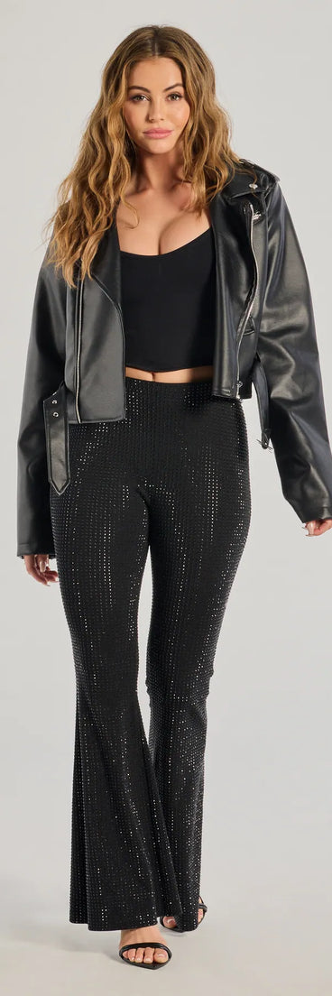 The Glitzy Vibes Rhinestone Knit Flare Pants is a trendy women's bottom in black, designed with modern details and alluring textures to complete chic outfits for 2025.