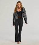 The Glitzy Vibes Rhinestone Knit Flare Pants is a trendy women's bottom in black, designed with modern details and alluring textures to complete chic outfits for 2025.
