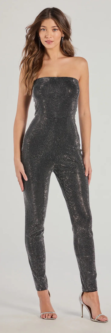 The Glam Muse Rhinestone Strapless Jumpsuit is a trendy women's bottom in black, designed with modern details and alluring textures to complete chic outfits for 2025.
