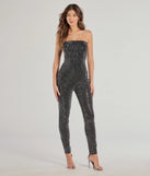 The Glam Muse Rhinestone Strapless Jumpsuit is a trendy women's bottom in black, designed with modern details and alluring textures to complete chic outfits for 2025.