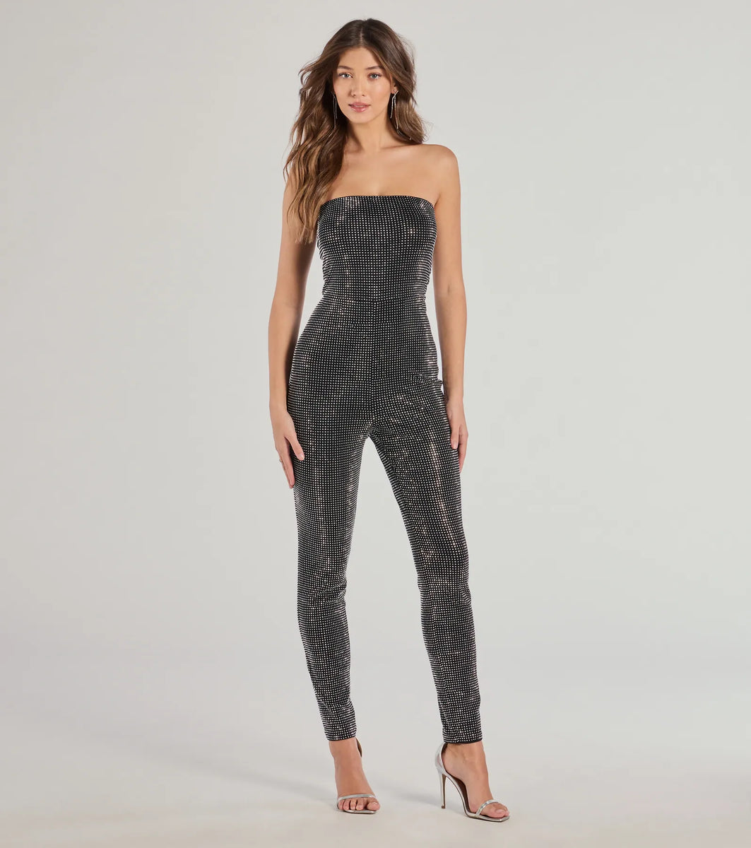 Comatos Strap Rhinestone Jumpsuit With Gloves