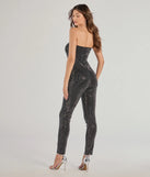 The Glam Muse Rhinestone Strapless Jumpsuit is a trendy women's bottom in black, designed with modern details and alluring textures to complete chic outfits for 2025.
