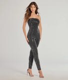 Create bold, fashion-forward looks for spring or summer with the Glam Muse Rhinestone Strapless Jumpsuit in black, a must-have piece from Windsor’s collection of stylish bottoms for women.
