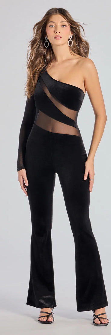 Create bold, fashion-forward looks for spring or summer with the Boldly Chic One-Shoulder Sheer Illusion Velvet Jumpsuit in black, a must-have piece from Windsor’s collection of stylish bottoms for women.