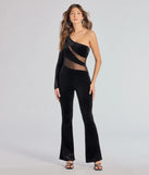 Create bold, fashion-forward looks for spring or summer with the Boldly Chic One-Shoulder Sheer Illusion Velvet Jumpsuit in black, a must-have piece from Windsor’s collection of stylish bottoms for women.