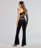Create bold, fashion-forward looks for spring or summer with the Boldly Chic One-Shoulder Sheer Illusion Velvet Jumpsuit in black, a must-have piece from Windsor’s collection of stylish bottoms for women.