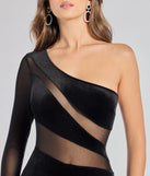 Create bold, fashion-forward looks for spring or summer with the Boldly Chic One-Shoulder Sheer Illusion Velvet Jumpsuit in black, a must-have piece from Windsor’s collection of stylish bottoms for women.