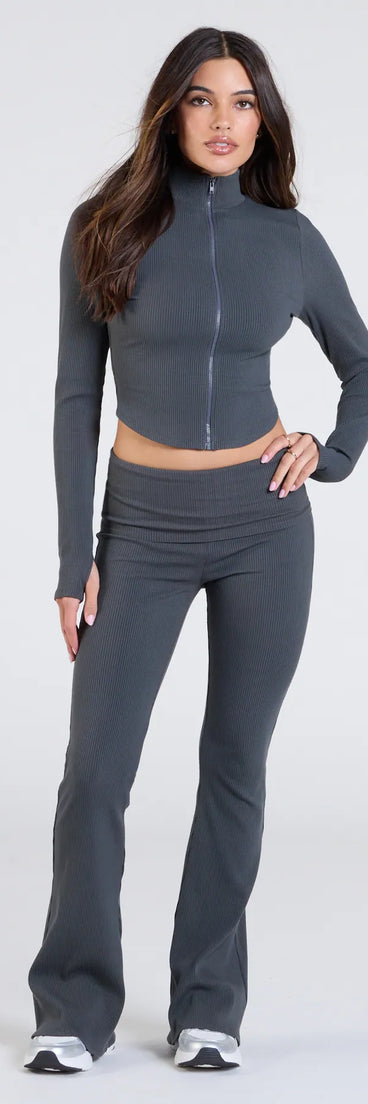 Serve effortless style and scroll-stopping energy in the At Your Leisure Mid-Rise Flare Pants, part of a gray matching clothing set that does the work for you with bold, polished vibes from top to bottom.